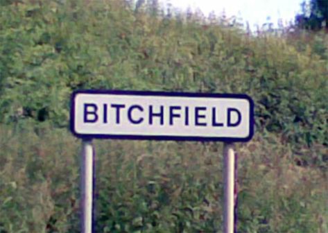 Bitchfield....UK towns with funny names Funny Place Names, Funny Town Names, Funny Road Signs, Names For Boyfriend, Town Names, Funny Names, Street Sign, Charlie Chaplin, Road Signs