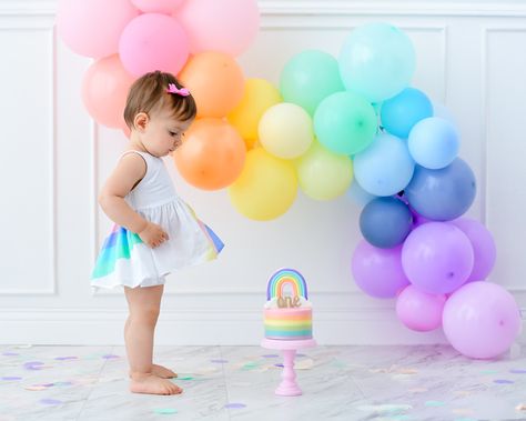 Rainbow First Birthday Photoshoot, Rainbow Smash Cake, Rainbow Photoshoot, Rainbow Cake Smash, Cake Smash Girl, Smash Cake Photos, Cake Smash Pictures, Cake Smash Theme, Rainbow First Birthday