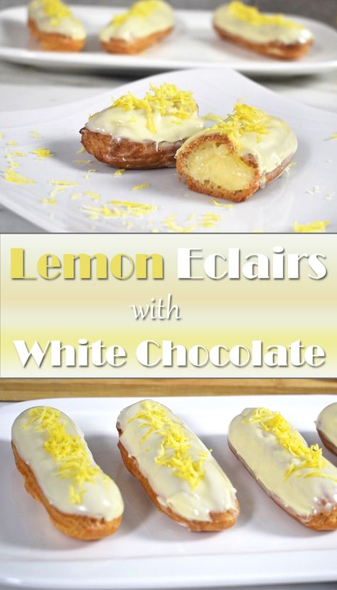 🍋 These eclairs are rich, sweet, tangy and delicious, perfect combination of lemon and white chocolate 😍😍 Lemon Eclairs, Easy Eclair Recipe, Lemon Eclair, Lemon And White Chocolate, Choux Cream Puff, Chocolate Eclair Recipe, Breakfast Danish, Feast Table, Choux Cream