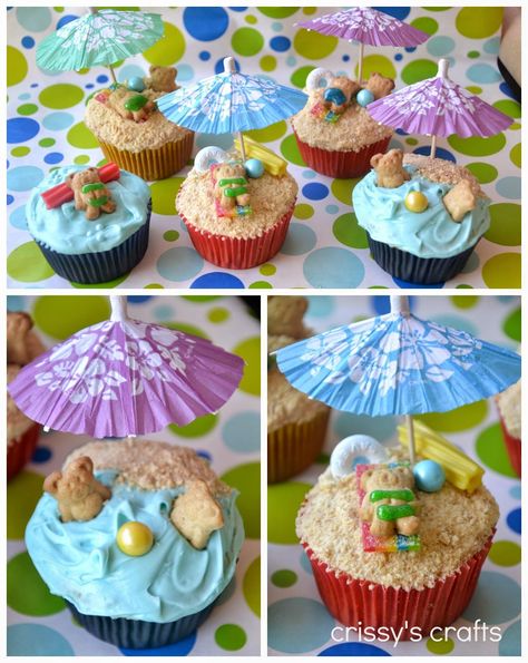 I can't believe school is out already and my son will be entering kindergarden next year! To celebrate this milestone, we had a "Fun in t... Fun In The Sun Party, Water Birthday Parties, Beach Theme Cupcakes, Beach Cupcakes, Summer Cupcakes, Beach Birthday Party, Kid Cupcakes, Beach Cakes, Cupcake Wars