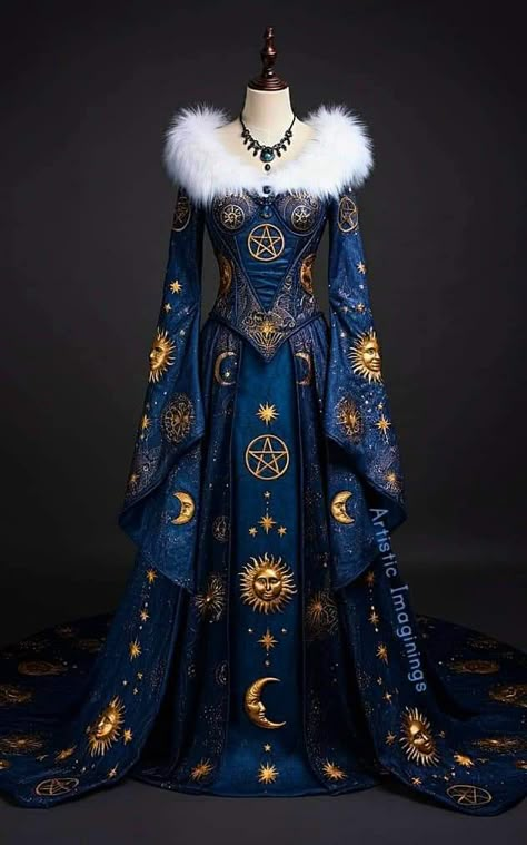 Mage Outfit Ideas, Moon Based Outfits, Celestial Outfit Aesthetic, Vintage Royal Dress, Moon Inspired Dress, Moon Goddess Outfit, Space Kingdom, Moon Goddess Dress, Star Wars Tarot