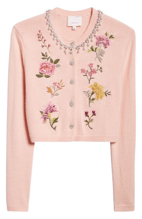 Floral embroidery, sparkling crystals and pearly beads make an enchanting statement on a lightweight, wool-enriched cardigan. 18 1/2" length (size Medium) 6mm pearls Front button closure Crewneck Long sleeves 70% acrylic, 30% wool Dry clean Imported Pastel Embroidery, Floral Clothes, Embroidery Cardigan, Embroidery Spring, Pastel Sweater, Floral Coat, Elegant Outfit Classy, Wishlist 2024, Modesty Outfits