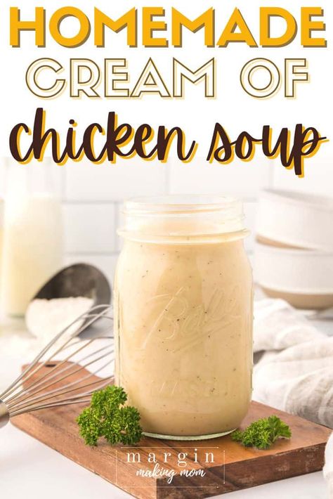 If you're tired of using canned condensed cream of chicken soup in your favorite casseroles and dips, you need to substitute with this homemade cream of chicken soup recipe! It's super easy to make, full of flavor and simple ingredients. Great for holiday dishes! Homemade Cream Of Chicken Soup, Homemade Cream Of Chicken, Homemade Bisquick, Favorite Casseroles, Chicken Soup Recipe, Condensed Soup, Homemade Pantry, Homemade Applesauce, Homemade Tacos