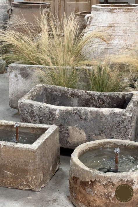 Fountain Troughs, Garden Decor, & Outdoor Furniture. Sourced by Olive Ateliers.#gardens #gardendesign #fountains #gardeninspo #patio #backyard #backyardinspo #landscape #landscaping #landscapedesign #outdootdecor #gardenfurniture #outdoorfurniture #landscapeinspo #plants #flowers #plantinspo #gardensupplies #outdoorideas #GardenFountain #WaterFeature #AntiqueFountain #TroughFountain #fountain  #patiodecor Limestone Water Feature, Coffee And Croissants, Rustic Planter, Clay Vessels, Mini Clay, The Homies, Candle Stands, Pots And Planters, Stone Fountains