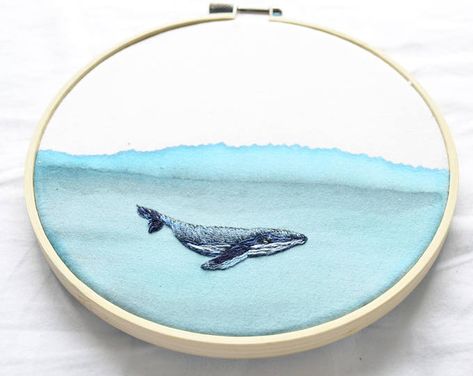 painted fabric with whale embroidery Whale Embroidery, Painted Fabric, Watercolor Fabric, Whale Art, Embroidery Patterns Vintage, Wooden Hoop, Animal Embroidery, 자수 디자인, Blue Whale