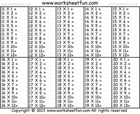 multiplication tables Tables From 12 To 20 Maths, Maths Tables 1 To 20 Worksheet, Multiplication Table Printable, Multiplication Chart Printable, Math Subtraction Worksheets, Money Math Worksheets, Maths Tricks, Multiplication Flashcards, Math Tables