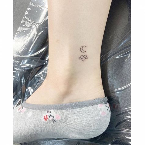 Heart And Moon Tattoo, Moon And Heart Tattoo, Heart And Flower Tattoo, Small Crescent Moon Tattoo, Tattoos Moon, Heart With Infinity Tattoo, Saturn Tattoo, Small Moon Tattoos, Infinity Tattoo Designs