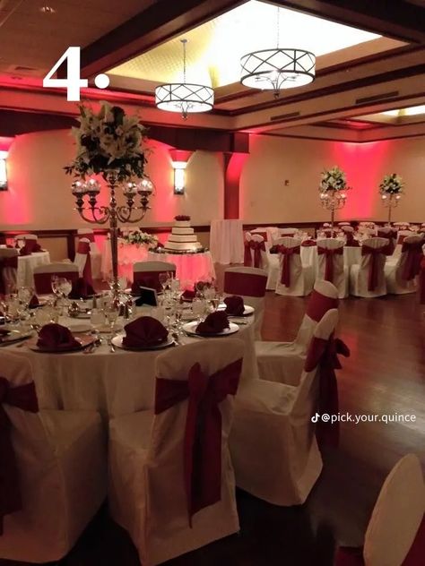 Dark Red Quinceanera Decorations, Red Quince Set Up, Red And Black Venue Quince, Red Wine Quinceanera Decorations, Red And White Quinceanera Decorations, Red Quince Tables, Quince Decorations Red And Silver, Red And Silver Quince Theme, Red White And Gold Sweet 16 Decorations