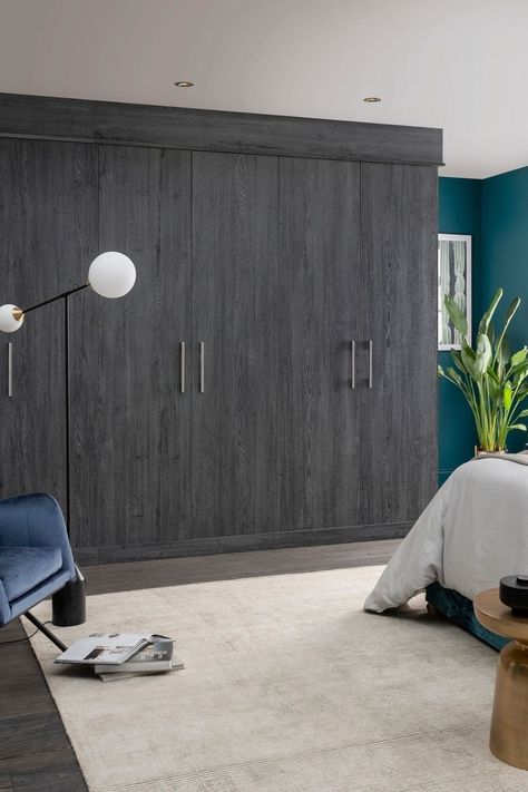 Grey Cupboards Bedroom, Grey Carpet Bedroom Wardrobe, Grey And Wood Wardrobe Design, Gray Wardrobe Bedroom, Dark Fitted Wardrobes, Dark Grey Built In Wardrobe, Grey Wardrobe Bedroom, Dark Grey Wardrobe Bedroom, Space Savers Bedroom