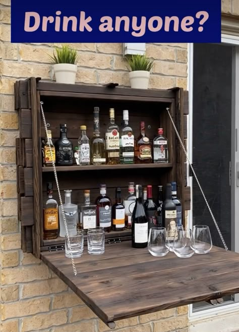 Upcycled my cedar deck boards to make this Murphy Bar and gave it the burnt wood look!! Bar Ideas Small Spaces, Ideas De Mini Bar, Mini Bar Ideas Small Spaces, Wall Bar Cabinet, Mini Bar Ideas, Bar Wall Ideas, Look Bar, Outdoor Bar Ideas, Mini Bar At Home