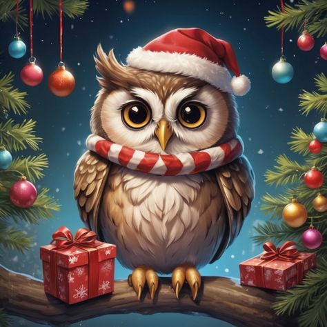 Add festive charm to your holiday with this adorable Christmas owl ! Surrounded by sparkling baubles and wrapped presents, this whimsical owl captures the magic of the season. Perfect for bringing a touch of cheer and enchantment to your holidays 🦉🎄🎁 Wrapped Presents, Christmas Drawings, Whimsical Owl, Christmas Paintings On Canvas, Great Horned Owl, Christmas Owls, Rock Ideas, Christmas Drawing, Owl Art