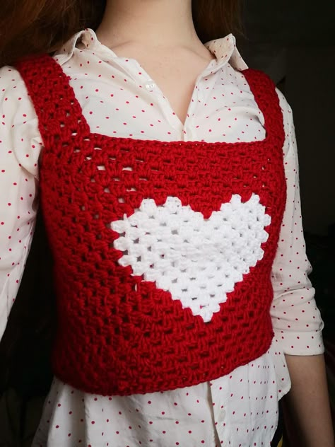 Crochet Top With Heart, Crochet Valentines Cardigan, Heart Crochet Shirt, Valentines Day Crochet Clothes, Crochet Heart Vest, Valentine Crochet Clothes, Valentines Day Crochet Top, Valentine’s Day Crochet Top, Crochet Heart Cardigan