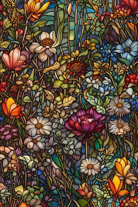 Beautiful, colorful, faux stained glass image of wildflowers Stainglass Wallpaper, Stained Glass Lockscreen, Stained Glass Phone Wallpaper, Stained Glass Wallpaper Iphone, Stained Glass Windows Patterns, Stained Glass Aesthetic, Stained Glass Wallpaper, Stained Glass Background, Stained Glass Tattoo