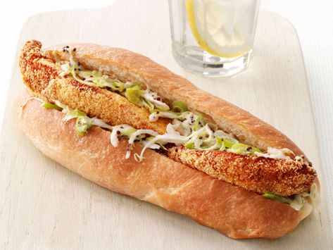 Fish Sandwiches with Jalapeno Slaw : Fried tilapia fillets make great sandwiches topped with spicy jalapeno slaw. Super Bowl Sandwiches, Jalapeno Slaw, Super Bowl Dinner, Fish Sandwiches, Hot Sandwiches, Slaw Recipe, Tilapia Recipes, Fish Sandwich, Hot Sandwich