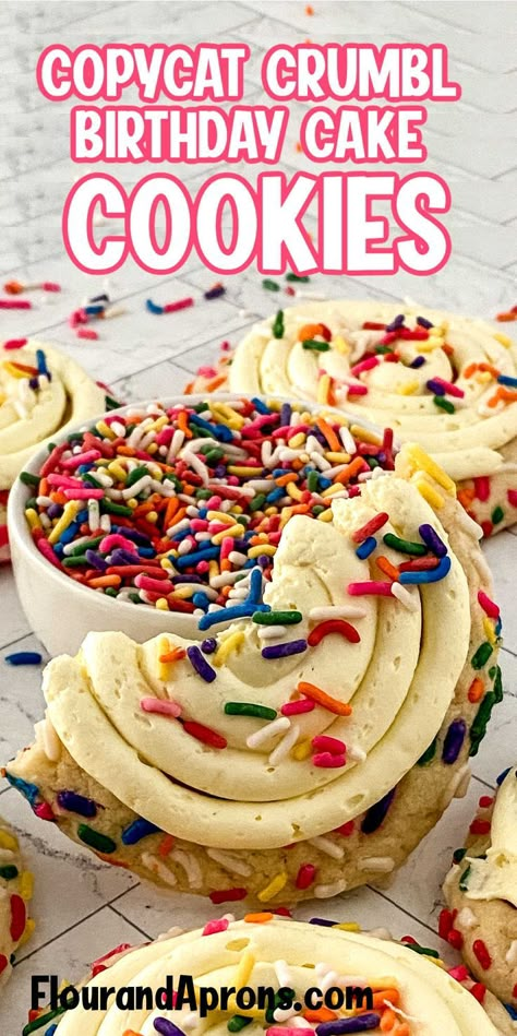 Top says "Copycat Crumbl Birthday Cake Cookies" and there is a picture of copycat Crumbl birthday cake cookies on it. Wedding Cake Crumbl Cookie, Cookies Crumbl Copycat, Cookies Crumbl, The Best Birthday Cake, Crumbl Copycat, Cookies With Sprinkles, Birthday Cake Cookies, Crumble Cookie Recipe, Large Cookies