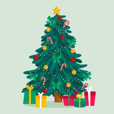 2d Christmas Tree, Flat Christmas Tree, Realistic Christmas Trees, Christmas Tree Drawing, Cartoon Christmas Tree, Christmas Tree With Presents, Christmas Background Images, Christmas Tree Collection, Christmas Tree Background