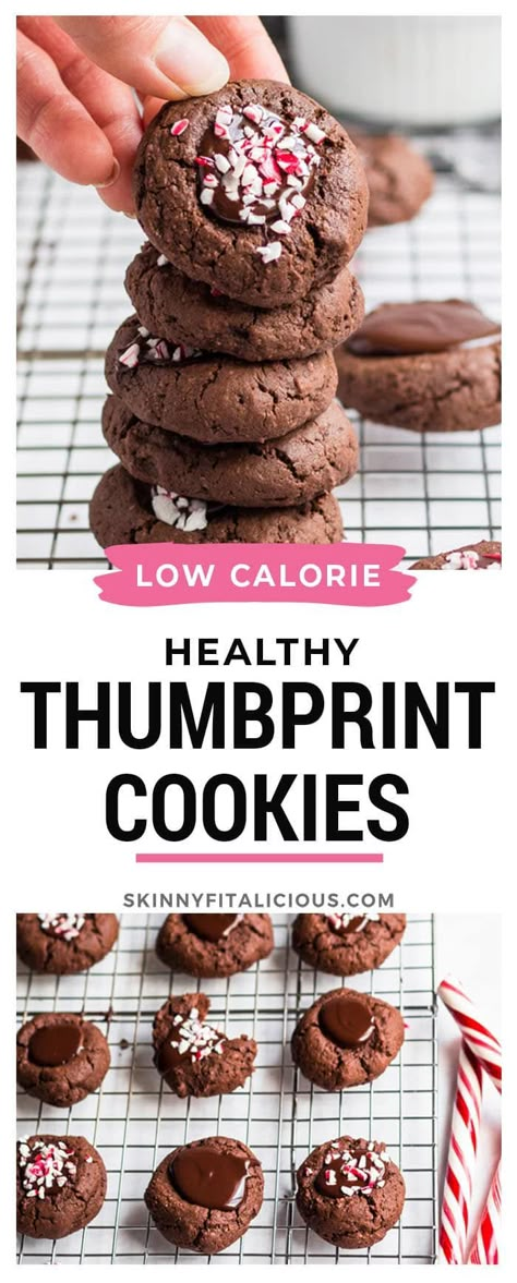 Healthy Chocolate Thumbprint Cookies made low calorie and gluten free! #healthy #chocolate #thumbprint #cookie #low #calorie #glutenfree #holiday #recipe #lowcalorie Cookie Low Calorie, Low Calorie Christmas Cookies, Low Calorie Christmas, Healthy Christmas Baking, Peppermint Cookie Recipe, Thumbprint Cookie, Gluten Free Recipes For Lunch, Chocolate Thumbprint Cookies, Christmas Cookie Recipes Holiday