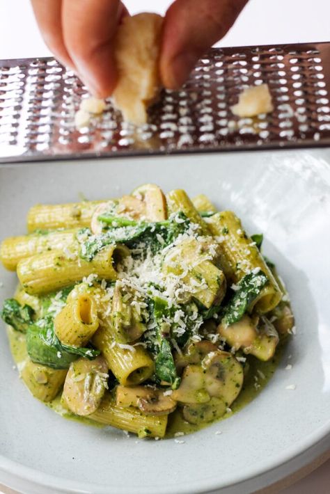 Rigatoni with Brown Mushrooms and Pesto Sauce | Between2Kitchens Pesto Rigatoni, Rigatoni Pasta Recipes, Basil Pesto Sauce, Creamy Pasta Sauce, Rigatoni Pasta, Spinach Pasta, Spinach Stuffed Mushrooms, Pesto Sauce, Basil Pesto