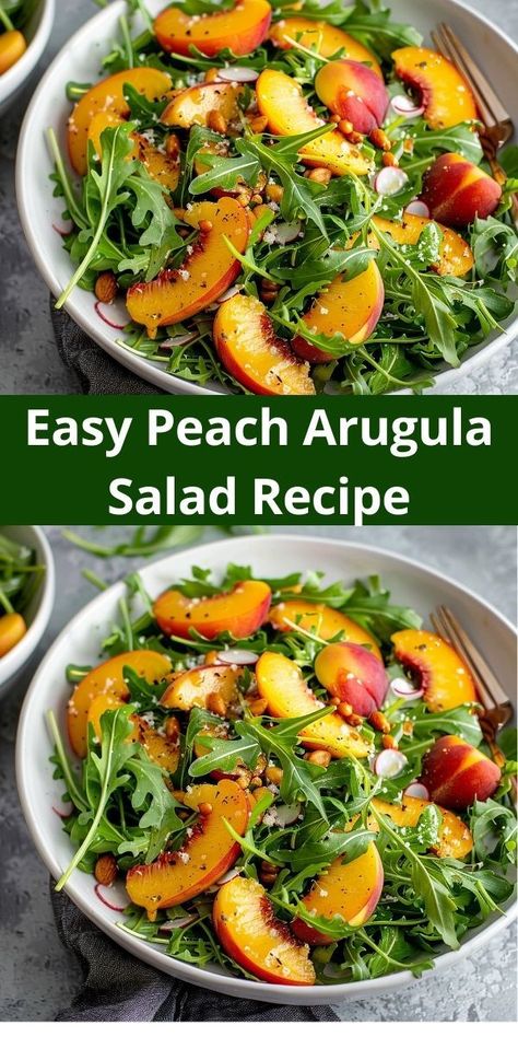 Need a refreshing summer salad? This easy peach arugula salad recipe is perfect for you. Combining sweet peaches with arugula, it’s a must-try for anyone into peach salad recipes and fresh peach recipes. Peach Arugula Salad, Peach Salad Recipes, Fresh Peach Recipes, Salad With Goat Cheese, Arugula Salad Recipes, Salad Inspiration, Gourmet Salad, Peach Recipes, Quick Salads