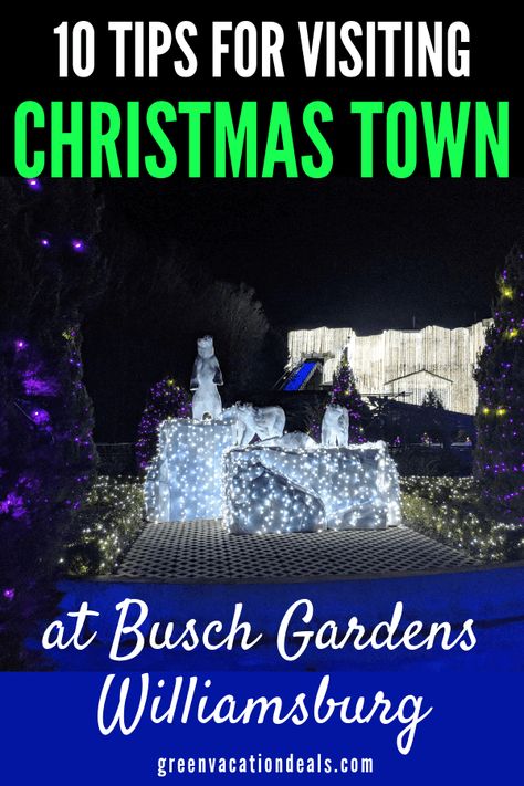 10 tips for visiting Christmas Town at Busch Gardens theme park in Williamsburg, Virginia. Learn which items you need to bring to the park, how to get cheap refills of hot chocolate, where to go in the park to warm up, where to find cheap souvenirs, how far in advance you should show up to shows...and how to get significantly discounted tickets! #BuschGardens #Williamsburg #Virginia #Christmas #ChristmasTown #familytravel #familytraveltips #traveladvice #traveltips #familyvacationtips #holidays Pictures Of Christmas Lights, Bush Gardens Williamsburg, Busch Gardens Christmas Town, Pictures Of Christmas, Williamsburg Vacation, Christmas Travel Destinations, Best Family Vacation Spots, Williamsburg Christmas, Busch Gardens Williamsburg