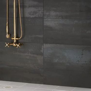 Cement & Concrete Look Tile - Porcelain | TileBar.com Black Porcelain Tiles, Black Tile Bathrooms, Black Backsplash, Black Floor Tiles, Dark Tile, Backsplash Wall, Matte Porcelain Tile, Large Tile, Black Tiles