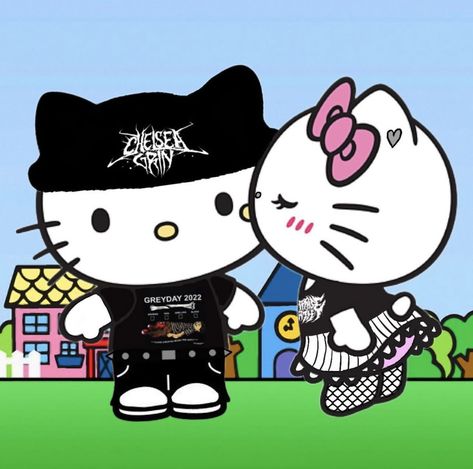 Cute Emo Couple Drawing, Vampire Hello Kitty, Hello Kitty And Batman Couple, Emo Boy Art, Hello Kitty Boy, Cute Emo Couples, Skate Boy, Hello Kitty Imagenes, Y2k Profile Picture