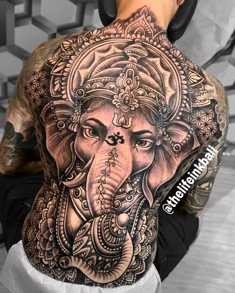 the life ink bali on Instagram: "Just done full back one setting Mandala style 11 hours include break Check it out guys For make booking and appointment please DM me" Mandala Ganesha Tattoo, Buddah Tattoo Designs Men, Ganesha Back Tattoo, Bali Style Tattoo, Mandala Back Tattoo For Men, Ganesha Tattoo Back, Spiritual Back Tattoos, Ganesha Tattoo Mandala, Back Mandala Tattoo