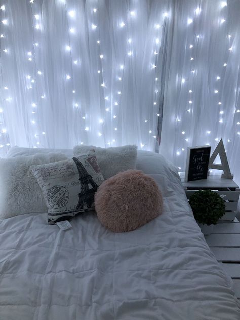 White String Lights Bedroom, White Fairy Lights Bedroom, White Led Lights Bedroom, Curtain Lights Bedroom Ideas, String Lights Aesthetic, Curtain Lights Bedroom, Bangladeshi Boy, Room Decor Luxury, White Lights Bedroom