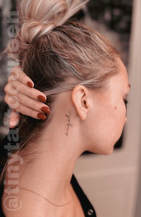 Fine Line Tattoo Idea by Victoria Love Simple Small Neck Tattoos, Worthy Neck Tattoo, Always Neck Tattoo, Tattoo Idea For Women Neck, Simple Word Neck Tattoo, Small Writing Neck Tattoos, Word Behind The Ear Tattoo, Discrete Neck Tattoo, Dainty Neck Tattoo Words