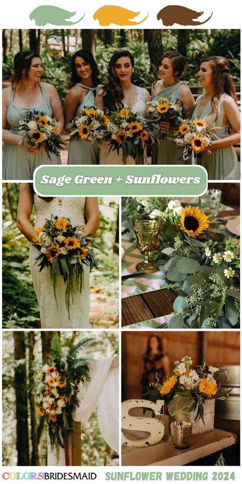 Top 8 Sunflower Wedding Colors for 2024 - ColorsBridesmaid Green Sunflower Wedding, Sunflower Wedding Colors, Fall Sunflower Weddings, Wedding Theme Color Schemes, Green Sunflower, Sunflower Wedding Decorations, Red Sage, Yellow Wedding Theme, Rustic Sunflower Wedding