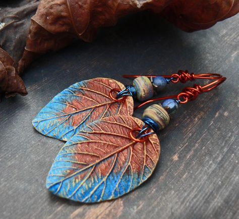 Rust on the Water Wearable Art Rust Copper Blue Dumortierite | Etsy UK | Polymer clay beads, Polymer clay earrings, Polymer clay jewelry Realistic Polymer Clay, Polymer Clay Leaves, Ceramic Leaves, Clay Leaves, Rustic Earrings, Metal Clay Jewelry, Polymer Earrings, Leaf Jewelry, Fall Jewelry