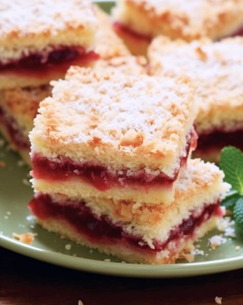 Raspberry Bites, Raspberry Bars, Cafeteria Food, Coconut Slice, Raspberry Coconut, Dessert Bar Recipe, Lunch Lady, Slices Recipes, 3 Eggs