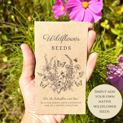 DIY Kraft brown brown seed packets printed with high quality ink "Wildflower Seeds" on the front.  Perfect for a DIY seed packet favor, add your own seeds  & your own custom ideas! Great for a neutral themed baby shower or wedding event or memorial favors.  NO seeds. Just add your own native wildflower seeds. The flap is gummed for easy sealing. 3 1/8 inch X 5 1/2 inch seed packets Seed Party Favors, Flower Seed Packet Gift Ideas, Wedding Favors Seeds Packets, Wildflower Seed Party Favors, Wildflower Seeds Party Favor, Diy Seed Packets, Wedding Seed Packet Favors, Wildflower Seed Packets, Woodland Baby Shower Favors