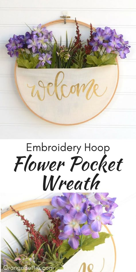 DIY Embroidery Hoop Pocket Wreath - No-Sew Tutorial Pocket Wreath, Easy Floral Arrangements, Pocket Tutorial, Embroidery Hoop Crafts, Floral Picks, Embroidery Hoop Art, Sewing Projects For Beginners, Tutorial Diy, Vintage Embroidery