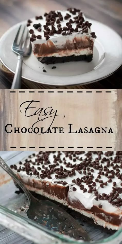 Super easy, irresistible chocolate lasagna recipe. My favorite chocolate layered dessert with Cool Whip topping! #chocolatedessert #dessert #oreodesserts Chocolate Layered Dessert, Cool Whip Topping, Chocolate Layer Dessert, Chocolate Lasagna Recipe, Layered Dessert, Pembuat Roti, Coconut Dessert, Chocolate Lasagna, Brownie Desserts