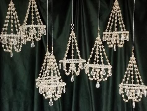 mini crystal chandelier ornaments, glass bead chandeliers set to hang Chandelier Ornaments, Vintage Hanging Lamps, Dollhouse Chandelier, French Country Chic, Dollhouse Lighting, Miniature Tutorials, Doll House Plans, Dollhouse Miniatures Diy, Diy Chandelier