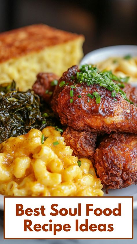 Discover the best soul food recipe ideas that bring comfort and flavor to your table. From classic fried chicken to creamy mac and cheese, these mouthwatering dishes will satisfy every craving. Dive into our collection and start cooking up some soulful meals today. Get inspired by the rich, flavorful tradition of soul food and create unforgettable dishes for your family and friends. Explore these delicious recipes now! via @restaurantclicks Soul Food Brunch Menu Ideas, Easy Southern Food Recipes, Sunday Southern Dinner Ideas, Southern Dishes Soul Food, Best Soul Food Recipes, Black Sunday Dinner Ideas, 5 Course Meal Ideas, Southern Dinner Recipes Soul Food, Southern Dinner Ideas Soul Food Meals