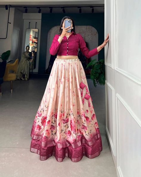 Rate : 1250 #apex__outfit Embrace the allure of tradition with the modern charm of floral prints – the Dola Silk lehenga choli speaks volumes in elegance🩷 Lehenga(Stitched) : Lehenga Fabric : Dola Silk Lehenga Work : Floral Print With Sequins and Zari Border Lehenga Waist : SUPPORTED UP TO 42 Lehenga Closer : Drawstring with Hand made Tassels and Zip Stitching : Stitched With Canvas Length : 41 Flair : 3.50 Meter Inner : Micro Cotton Blouse(Stitched) : Blouse fabric : Banglory Blouse Wor... Skirt Outfits For Summer, Long Skirt Outfits For Summer, Long Skirt Top Designs, Gown Dress Party Wear, Dress Designs For Stitching, Long Skirt And Top, Simple Frock, Simple Frock Design, Dress Party Wear