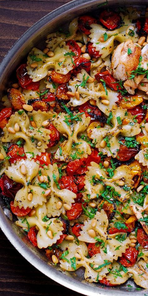 Pasta With Roasted Tomatoes, Creamy Chicken Pesto Pasta, Pine Nuts Pasta, Chicken Basil, Summer Pasta Dishes, Chicken Pesto Pasta, Basil Pesto Pasta, Creamy Pesto Chicken Pasta, Roasted Tomato Pasta