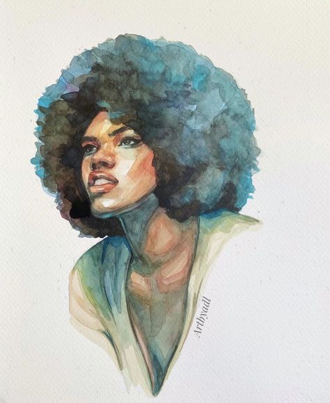 Watercolor Afro, Watercolor Portrait Tutorial, Portrait Tutorial, Watercolor Art Lessons, Afro Art, Watercolor Portraits, Hair Art, Art Studies, Girl Drawing