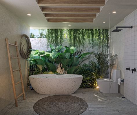 This bathroom boasts a calm colour shade on its walls and a touch of life sparked by the lush tropical indoor plants. The bathtub is the focal point, provided for extra relaxation and aesthetics. Beautiful design by Balitecture for Casa Uluwatu in Bali, Indonesia. Bali Architecture, Modern Tropical House, Zen Bathroom, Bali House, Outdoor Bathrooms, Tropical House, Large Bathrooms, Tropical Design, Bathroom Layout