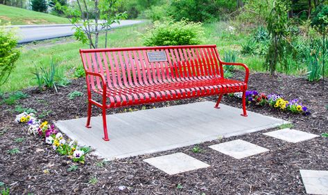 Outside Bench Decorating Ideas, Memorial Bench Ideas, Memorial Benches Outdoor, Park Bench Ideas, Outside Benches, Memory Garden, Making A Bench, Prayer Garden, Muscular Dystrophy