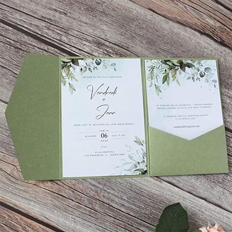 Invitation Pocket, Olive Green Weddings, Invitation Card Party, Green Invitations, Pocket Envelopes, Invitation Maker, Country Engagement, Green Wedding Invitations, Pocket Wedding Invitations