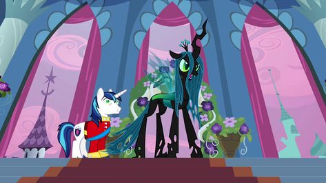 A Canterlot Wedding - Part 2 is the twenty-sixth episode of the second season of My Little Pony Friendship is Magic and the fifty-second episode overall. It is the second episode in a two-part season finale. Shining Armor and Princess Cadance are set to be married, but Queen Chrysalis has a devious plan to ruin Shining Armor's happily ever after and the future of Equestria. 1 Summary 1.1 Trapped 1.2 Chrysalis reveals herself 1.3 Race to the Elements 1.4 The power of love 1.5 The royal wedding Canterlot Wedding, Queen Chrysalis, Princess Twilight Sparkle, Real Princess, Princess Celestia, Princess Luna, Royal Weddings, Friendship Is Magic, The Power Of Love