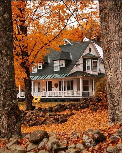 New Hampshire 📸-Mary Graves Cozy Fall House Exterior, New England Fall Aesthetic, Connecticut Autumn, Fall Houses, Connecticut Aesthetic, Fall Houses Exterior, New England House, Rainy Fall, Fall House