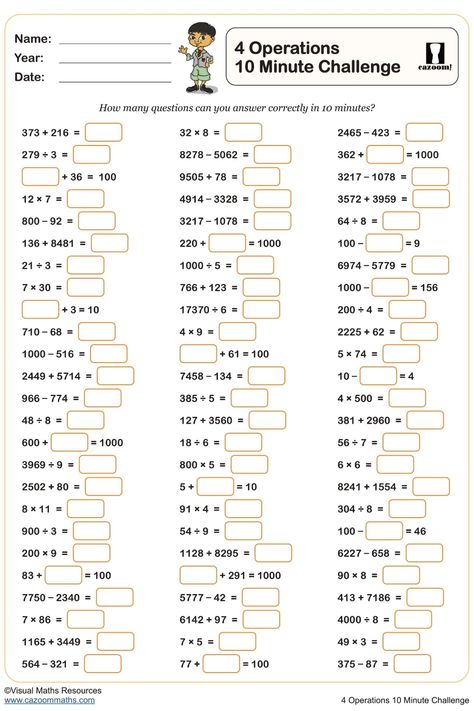 Enhance your students' mental arithmetic skills with this engaging 4 Operations 10 Minute Challenge worksheet. Ideal for a quick warm-up activity, this dynamic exercise covers multiplication, division, addition, and subtraction. Perfect for sharpening math abilities in a fun and time-efficient manner. Great for classroom use or homeschooling settings. Year 10 Maths Worksheets, Division Activities 3rd Grade, Year 9 Maths Worksheets, Ks3 Maths Worksheets, Year 8 Maths Worksheets, Ks1 Maths Worksheets, Year 6 Maths Worksheets, Year 7 Maths Worksheets, Year 4 Maths Worksheets