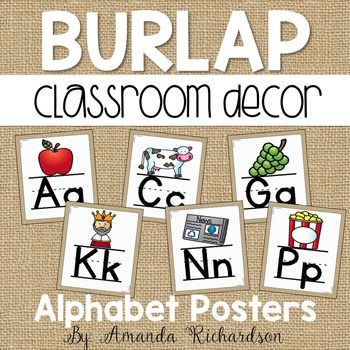 These alphabet posters are perfect for a classroom alphabet line or for introducing students to letters and letter sounds! There is a variety of options for printing which is explained within the product.  They have a burlap accent and go with any classroom color scheme! Burlap Classroom Decor, Classroom Color Scheme, Burlap Classroom, Amanda Richardson, Classroom Alphabet, Alphabet Line, Guided Reading Lessons, Reading Table, Alphabet Posters