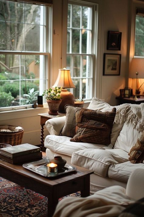 Cozy Living Rooms Cottagecore, Timeless Sitting Room, Cozy European Apartment, Nautical Room Ideas Interior Design, Homey Feeling Aesthetic, Antique Cozy Living Room, New England Apartment Aesthetic, The Nester Myquillyn Smith Living Room, Cozy Cluttered Home