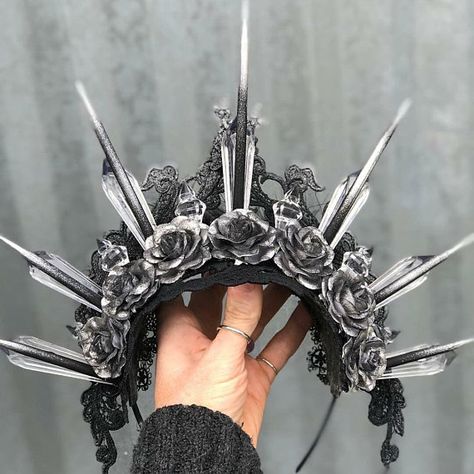 Silver Spiked Crown, Gothic Crown, Rose Crown, Tiara, Headpiece, Silver Crown, Crystal Crown, Lace Crown, Black Crown, Black and Silver. Spiked Crown, Gothic Crown, Lace Crown, Rose Crown, Crown Crystal, Crown Black, Black Crown, Crown Tiara, Head Pieces