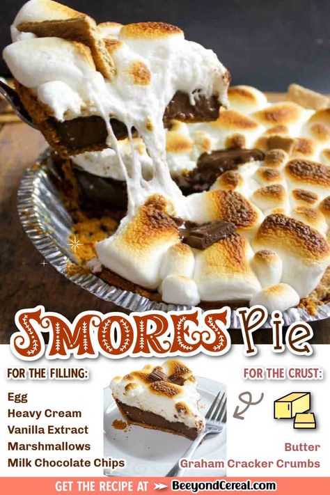 This simple smores pie recipe needs only a few basic ingredients and a few quick steps to complete. With a graham cracker crust and marshmallows around a milk chocolate filling you can enjoy all of the delicious goodness of smores without ever going outside. Perfect for when you can't light a campfire. With a quick broil, you can easily get that toasted or burnt marshmallow top and gooey center that we all crave. Yum!!! S’more Pie, S’mores Pie, Smore Pie, Smores Pie Recipe, Smores Snacks, Burnt Marshmallow, Baked Smores, Easy Smores, Baking Challenge